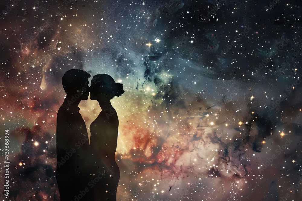 Cosmic love concept with silhouetted figures against a star-filled sky Exploring themes of connection and eternity - obrazy, fototapety, plakaty 