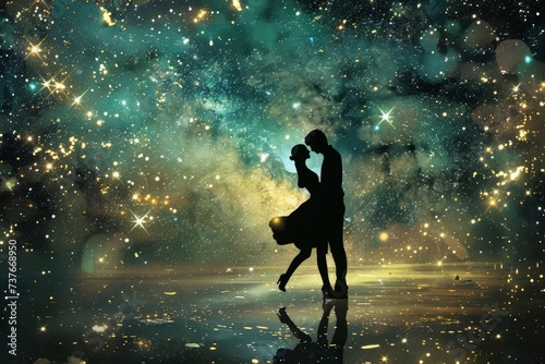 Cosmic love concept with silhouetted figures against a star-filled sky Exploring themes of connection and eternity