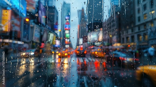 Photograph of busy city street, taken at dusk on a rainy day, water beading on glass, camera focus on window. AI generative