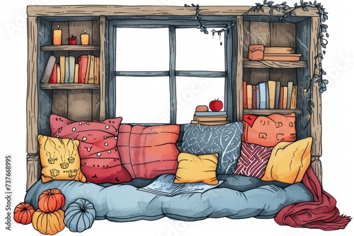 Cartoon cute doodles of a cozy reading nook, with characters surrounded by pillows, blankets, and a stack of favorite books, Generative AI