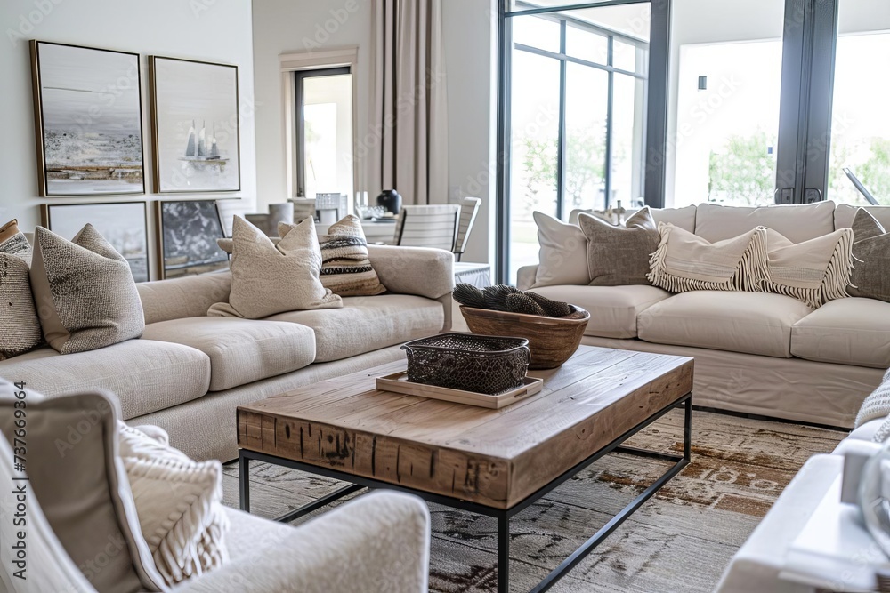 Elegant living room setup with a focus on texture and comfort Featuring plush sofas and tasteful accents for a timeless home aesthetic