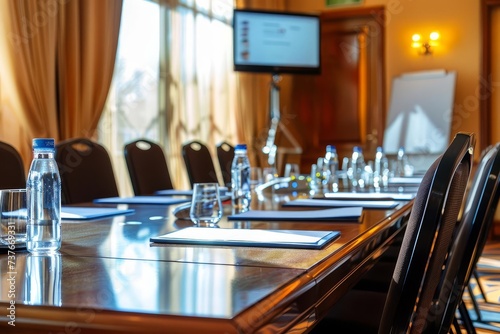 Elegant conference room setup with a modern design Equipped for virtual meetings and presentations