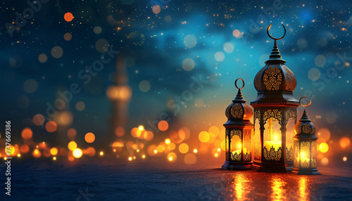 Illuminated lanterns with a bokeh effect for Eid Mubarak or Ramadan festival greetings.