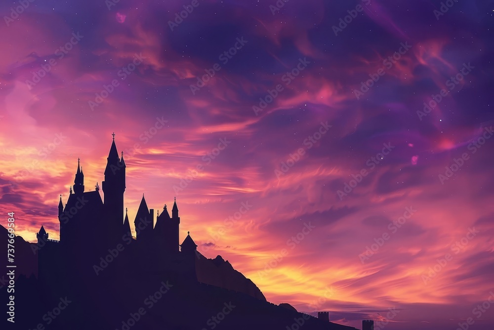 Fantasy castle silhouette against a twilight sky Evoking a sense of adventure Magic And fairy tale dreams Perfect for stories and imaginative backgrounds