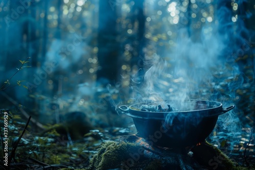 Enchanted witch's brew Mystical steam Eerie forest backdrop Magical ingredients Fantasy setting