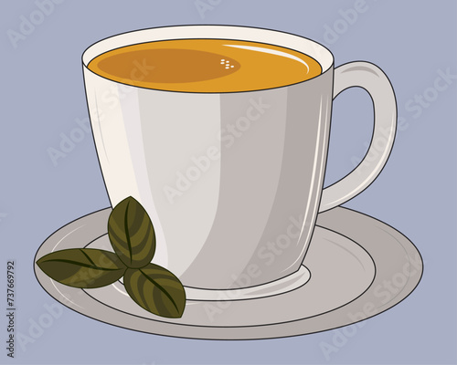 Illustration of a cup of coffee, cappuccino, espresso, americano with a green decorative leaves