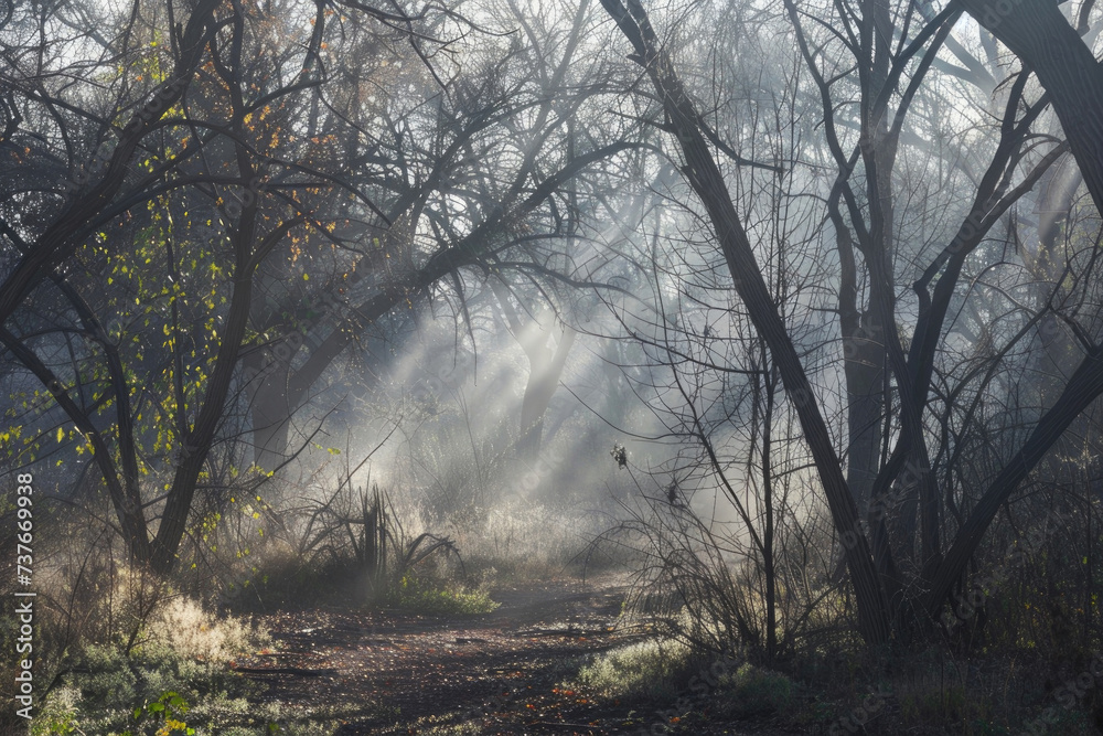 A mystical forest scene enveloped in ethereal mist, creating a sense of mystery and enchantment