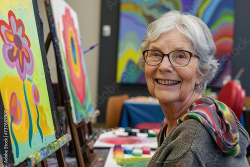Group art class for seniors focusing on painting Fostering creativity and community engagement among older adults