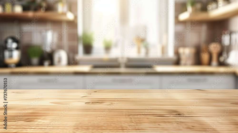 The wood table top is on a blurred kitchen background. can be used mock-up for a montage product display or design layout. 