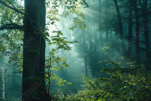 A mystical forest scene enveloped in ethereal mist  creating a sense of mystery and enchantment