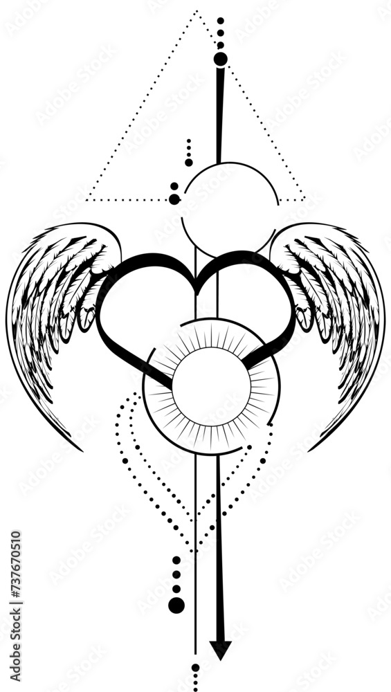 Obraz premium black winged heart lines tattoo ink sticker illustration in vector format