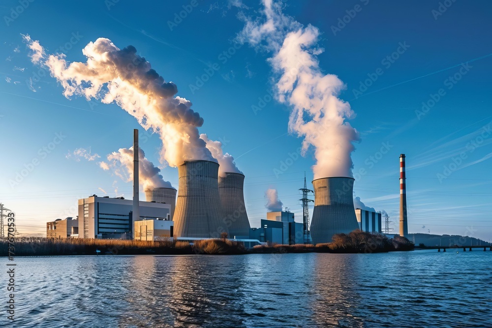 Industrial power plant emitting smoke against a clear blue sky Highlighting environmental concerns and the need for sustainable energy solutions