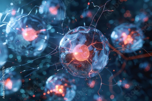 Innovative biotechnology concept visualizing the network of interconnected biotech cells Highlighting the complexity and potential of modern biotech research