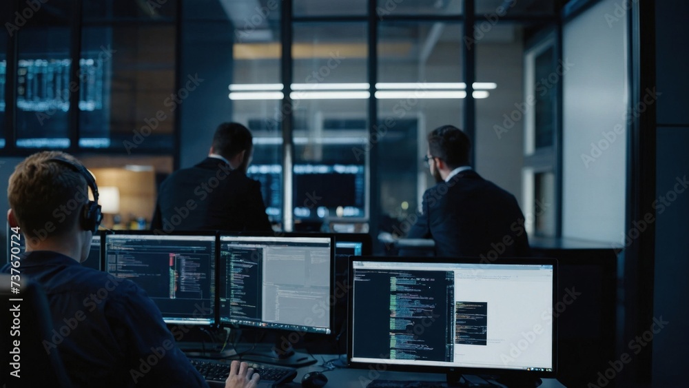 A group of IT specialists write software code for their client A group of IT specialists write software code for their client