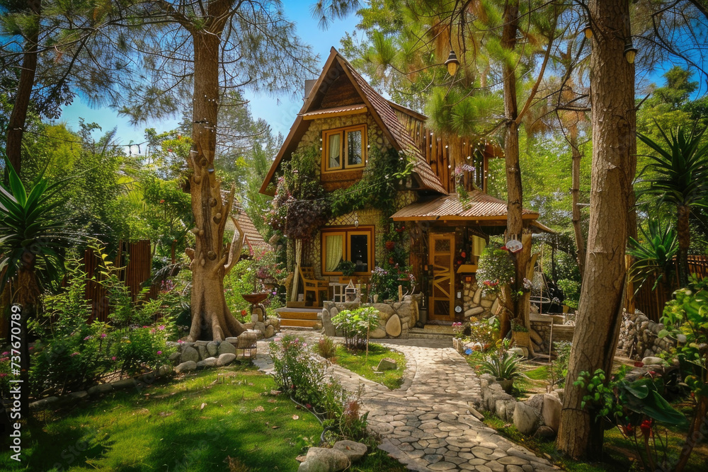 A quaint countryside cottage nestled amidst rustic surroundings, exuding charm and coziness