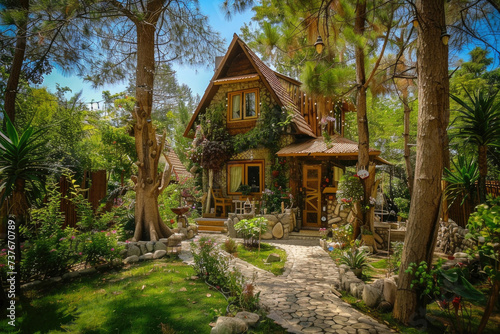 A quaint countryside cottage nestled amidst rustic surroundings, exuding charm and coziness