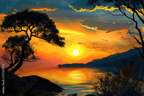 Breathtaking sunsets over tranquil landscapes  radiating warmth and serenity