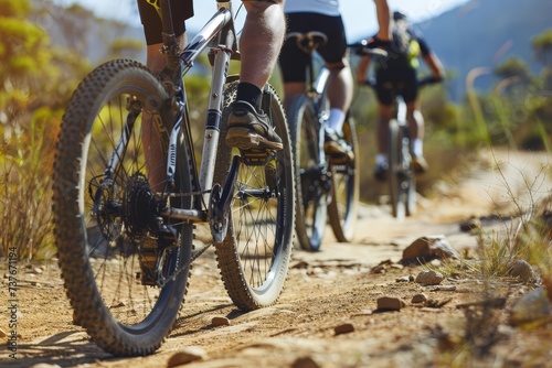 Mountain biking adventure on a rugged trail Showcasing the thrill and physical challenge of outdoor sports photo