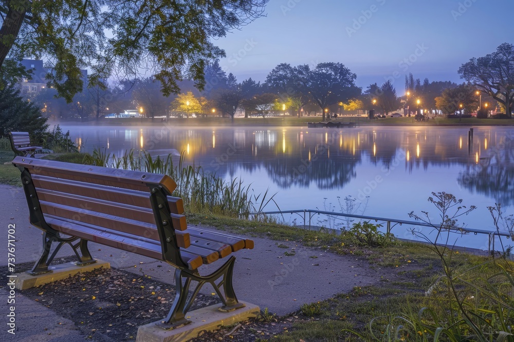Serene evening setting in a city park with a wooden bench overlooking a misty lake Capturing a moment of urban tranquility