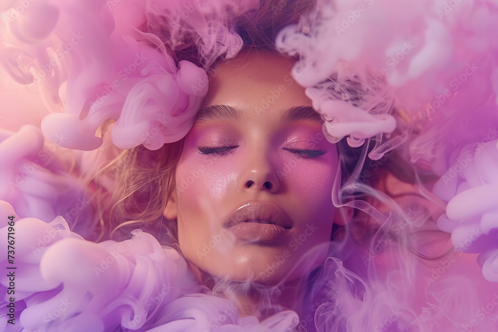 Top model surrounded by a purple pink cloud of smoke In an abstract and fashionable studio setting Emphasizing style and creativity Top model surrounded by a purple pink cloud of smoke In an abstract and fashionable studio setting Emphasizing style and creativity