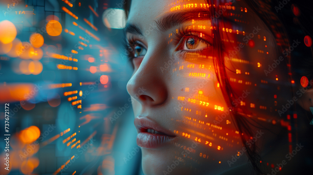 Futuristic, AI and businesswoman, IoT and connectivity, cyber data overlay and technology innovation, reflection of data code on face, Futuristic, AI and businesswoman, IoT and connectivity, cyber data overlay and technology innovation, reflection of data code on face,