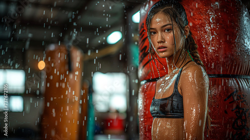 A Thai beautiful Female boxer hits a huge punching bag at a boxing studio. Woman Muay Thai boxer training hard with sweating body and water splashing drops  slim body