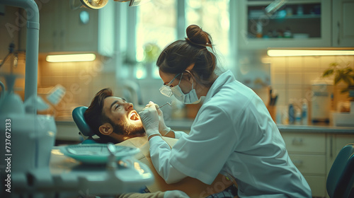 Female dentist examining a patient with tools in the dental clinic. close up of a doctor doing dental treatment on man's teeth in the dentists chair. photo