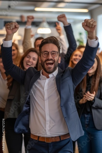 Corporate Business Photography of a Triumphant Group of Business Leaders Celebrating a Successful Project Completion, Generative AI