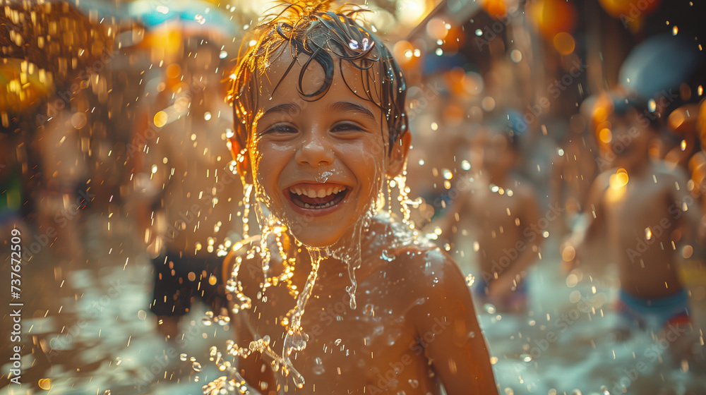 happy kid Songkran Festival Thailand, a crowd of people playing with water on the street, Thai Songkran Festival, Thai New Year in Thailand a festival where people play with water at sunset happy kid Songkran Festival Thailand, a crowd of people playing with water on the street, Thai Songkran Festival, Thai New Year in Thailand a festival where people play with water at sunset
