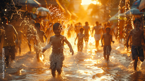 Songkran Festival Thailand, a crowd of people playing with water on the street, Thai Songkran Festival, Thai New Year in Thailand a festival where people play with water at sunset