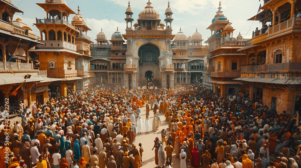 Fototapeta premium High angle view of crowds of people covered in colour at Holi, a Hindu spring festival, crowd of people on the street with powder and colorful clothes in India with a temple on the background