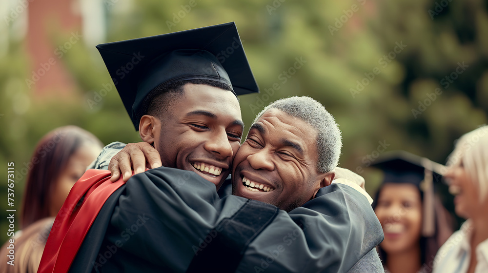 Young man in his graduation gown and cap, hugging her parents at the graduation ceremony