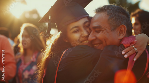 Young woman in his graduation gown and cap, hugging her parents at the graduation ceremony photo