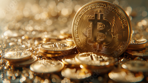 close up of Golden Bitcoin coins, Golden coins with bitcoin symbol crypto currency blockchain 