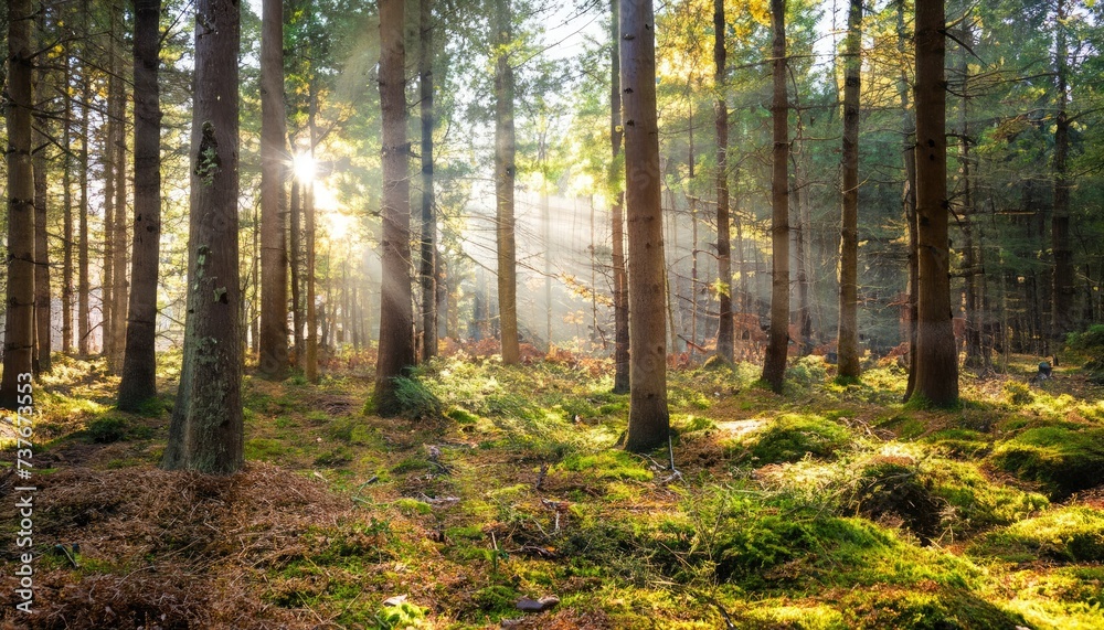 Sunbeams breaking through Spruce Tree Forest in autumn Sunbeams breaking through Spruce Tree Forest in autumn