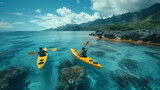 a couple of men and women paddle a kayak on the sea. Kayaking on the island with bleu ocean at summer with a blue sky