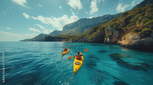 a couple of men and women paddle a kayak on the sea. Kayaking on the island with bleu ocean