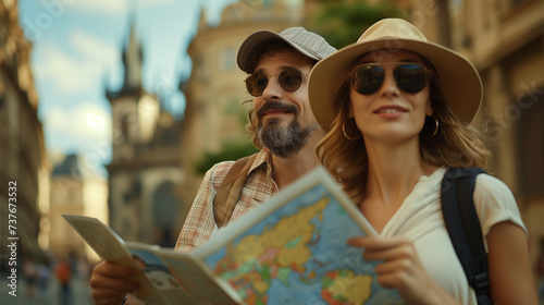 Happy tourists sightseeing city with a map