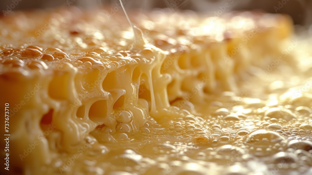 Closeup of bubbling melted cheese as it transforms from a solid to a gooey stringy texture when heated. Closeup of bubbling melted cheese as it transforms from a solid to a gooey stringy texture when heated.
