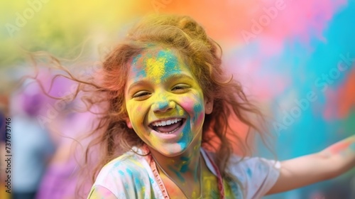 happy child at holi festival  colors of joy   vibrant celebration  youth activities  blurred colorful powder air background. 