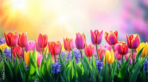 Spring Serenity - Abstract Defocused Background with Tulips and Hyacinth Flowers, Bathed in the Warmth of a Sunlit Field. Made with Generative AI Technology