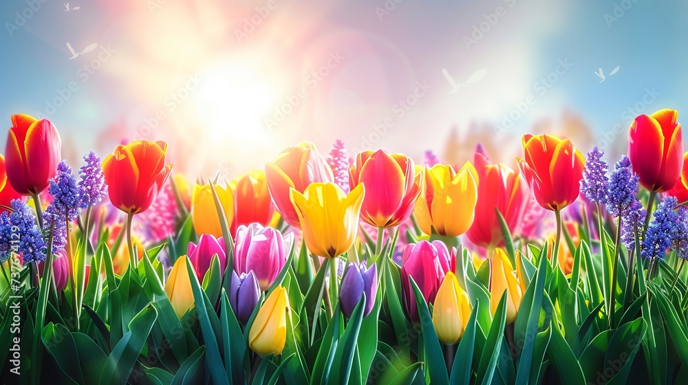 Fototapeta premium Spring Serenity - Abstract Defocused Background with Tulips and Hyacinth Flowers, Bathed in the Warmth of a Sunlit Field. Made with Generative AI Technology