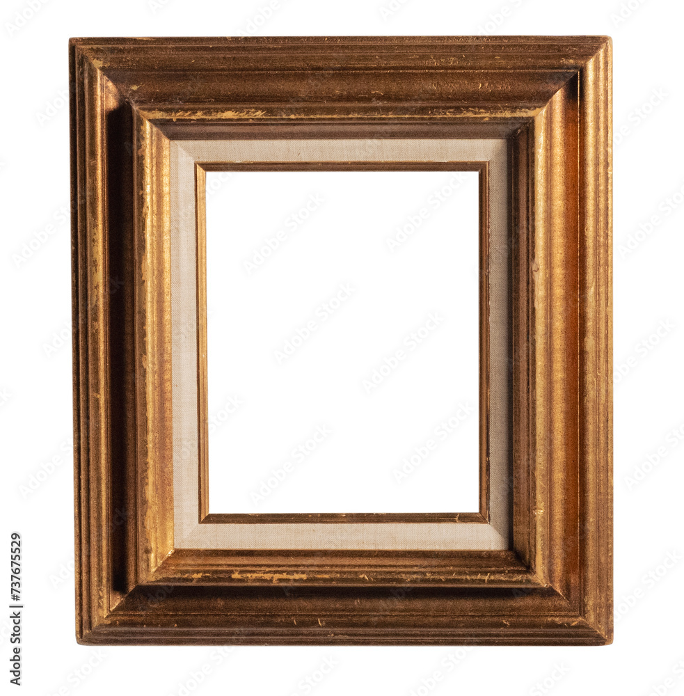 Fototapeta premium Old picture, photo wooden frame in gold paint. Isolated golden frame with white background. 