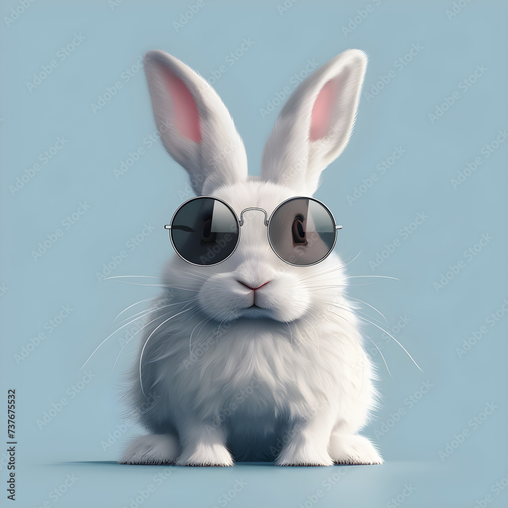 Abstract clip-art of white rabbit wearing trendy sunglasses on contemporary pastel blue background with copy space, perfect for easter scrapbooking, posters, planners, web, and landing page.