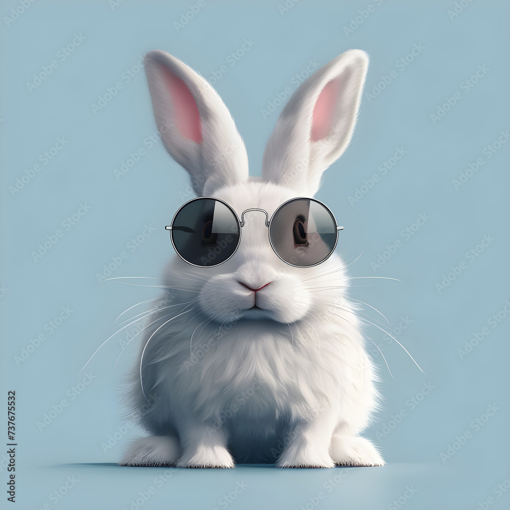 Abstract clip-art of white rabbit wearing trendy sunglasses on contemporary pastel blue background with copy space, perfect for easter scrapbooking, posters, planners, web, and landing page. Abstract clip-art of white rabbit wearing trendy sunglasses on contemporary pastel blue background with copy space, perfect for easter scrapbooking, posters, planners, web, and landing page.