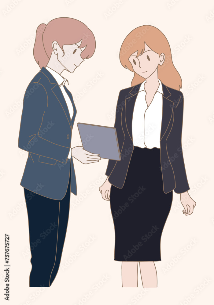 Two of business people looking at, using digital tablet together. 2 Happy business colleagues having discussion about work over tablet. Hand drawn flat cartoon character vector illustration. Two of business people looking at, using digital tablet together. 2 Happy business colleagues having discussion about work over tablet. Hand drawn flat cartoon character vector illustration.