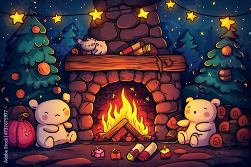 Cartoon cute doodles of a warm and inviting fireplace, with characters roasting marshmallows and enjoying a cozy evening, Generative AI