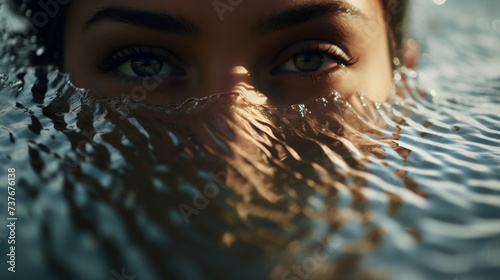 Close-up of a woman's eyes peering out from rippling water, conveying mystery and tranquility.