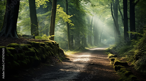 Mystical forest pathway with sunbeams filtering through the trees  creating a serene and magical atmosphere.