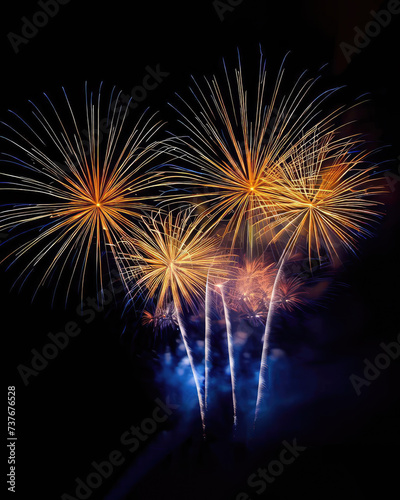 Fireworks in a black night sky  magnificent yellow and blue colors